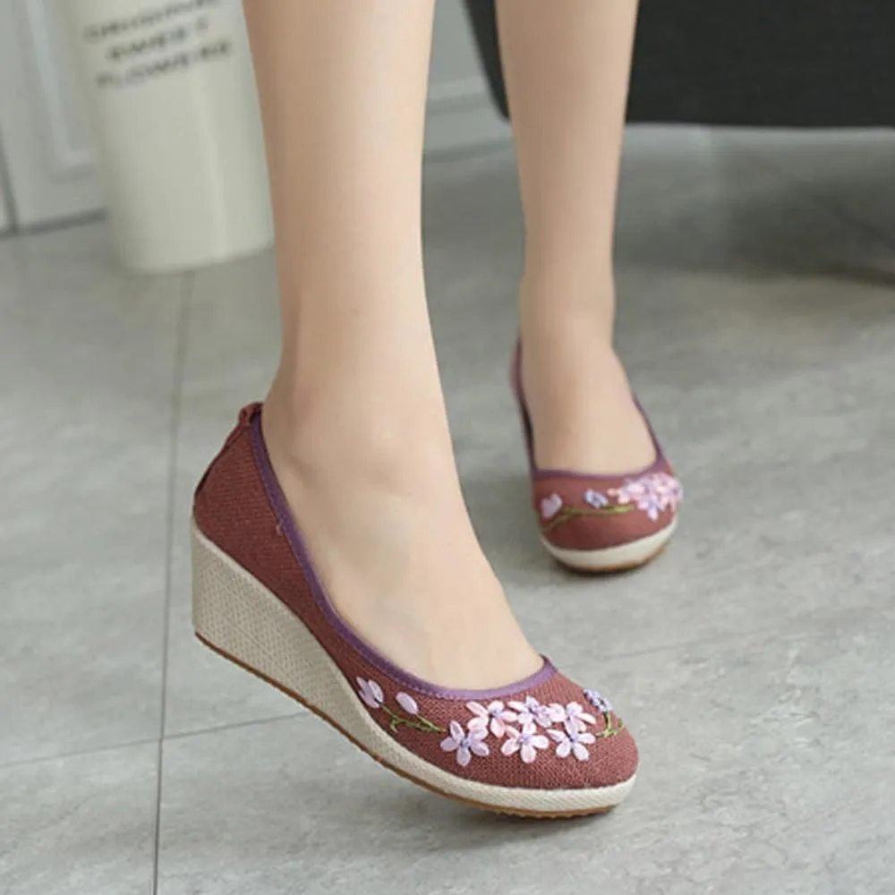 Retro Floral Embroidery Cloth Canvas Wedges Vintage Women Pumps Linen Shoes