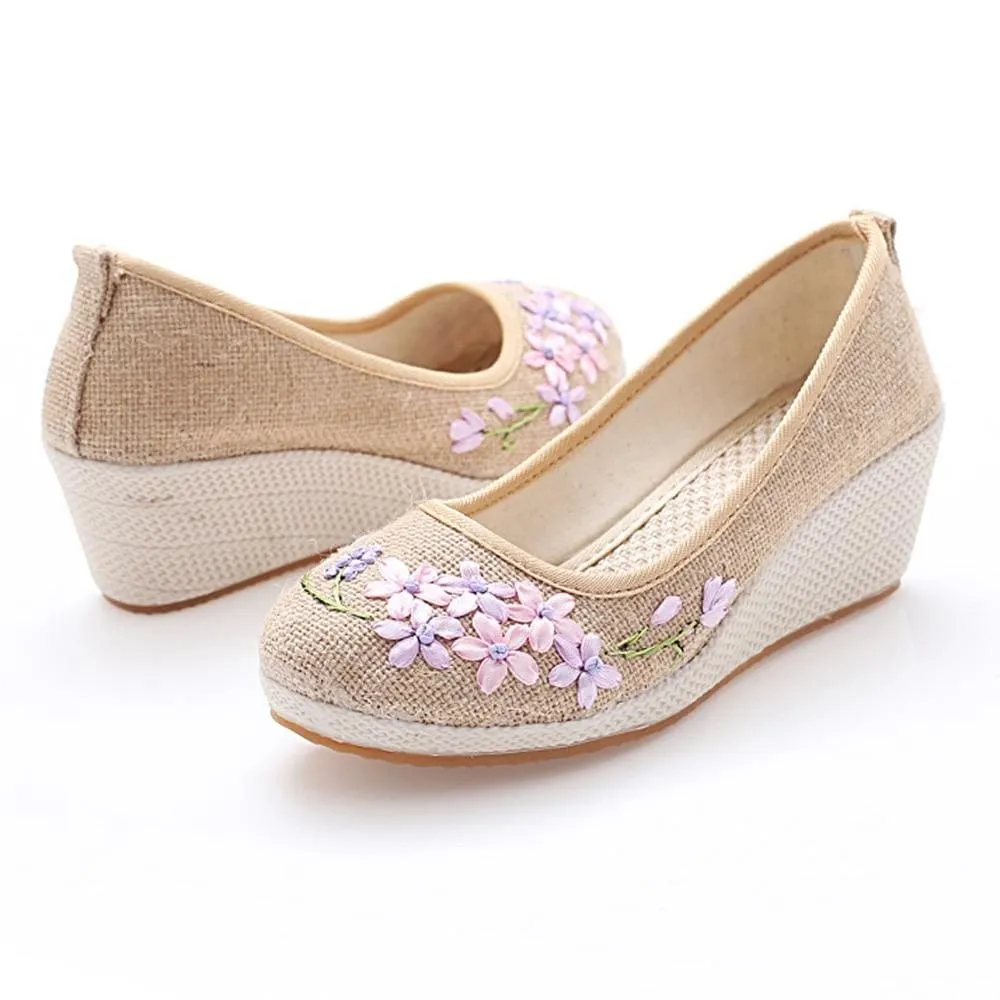 Retro Floral Embroidery Cloth Canvas Wedges Vintage Women Pumps Linen Shoes