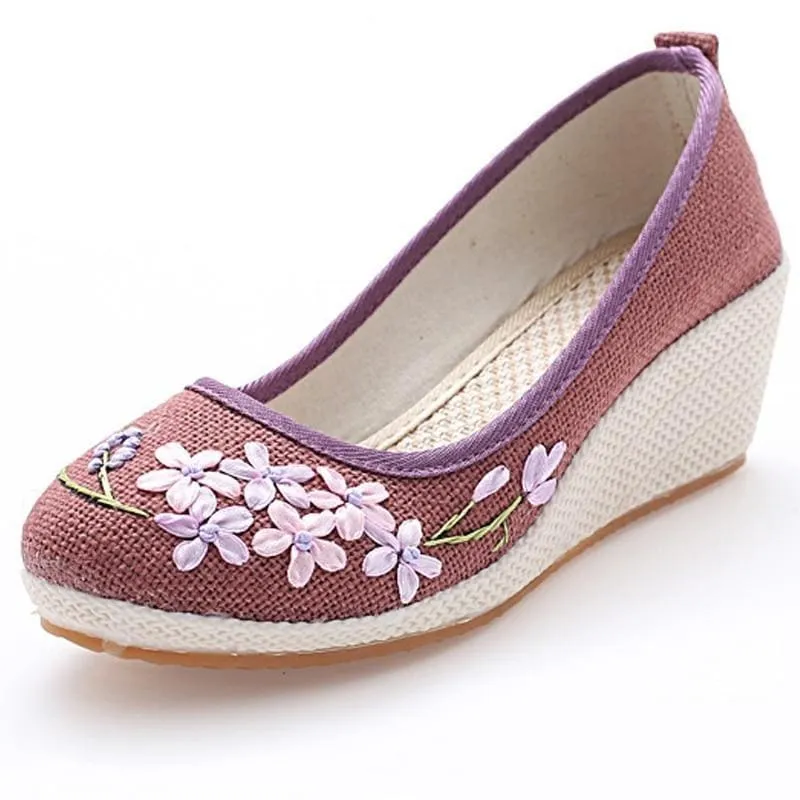 Retro Floral Embroidery Cloth Canvas Wedges Vintage Women Pumps Linen Shoes