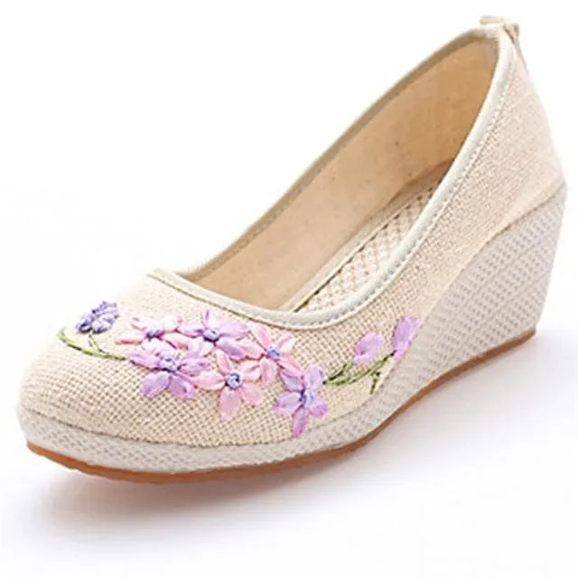 Retro Floral Embroidery Cloth Canvas Wedges Vintage Women Pumps Linen Shoes