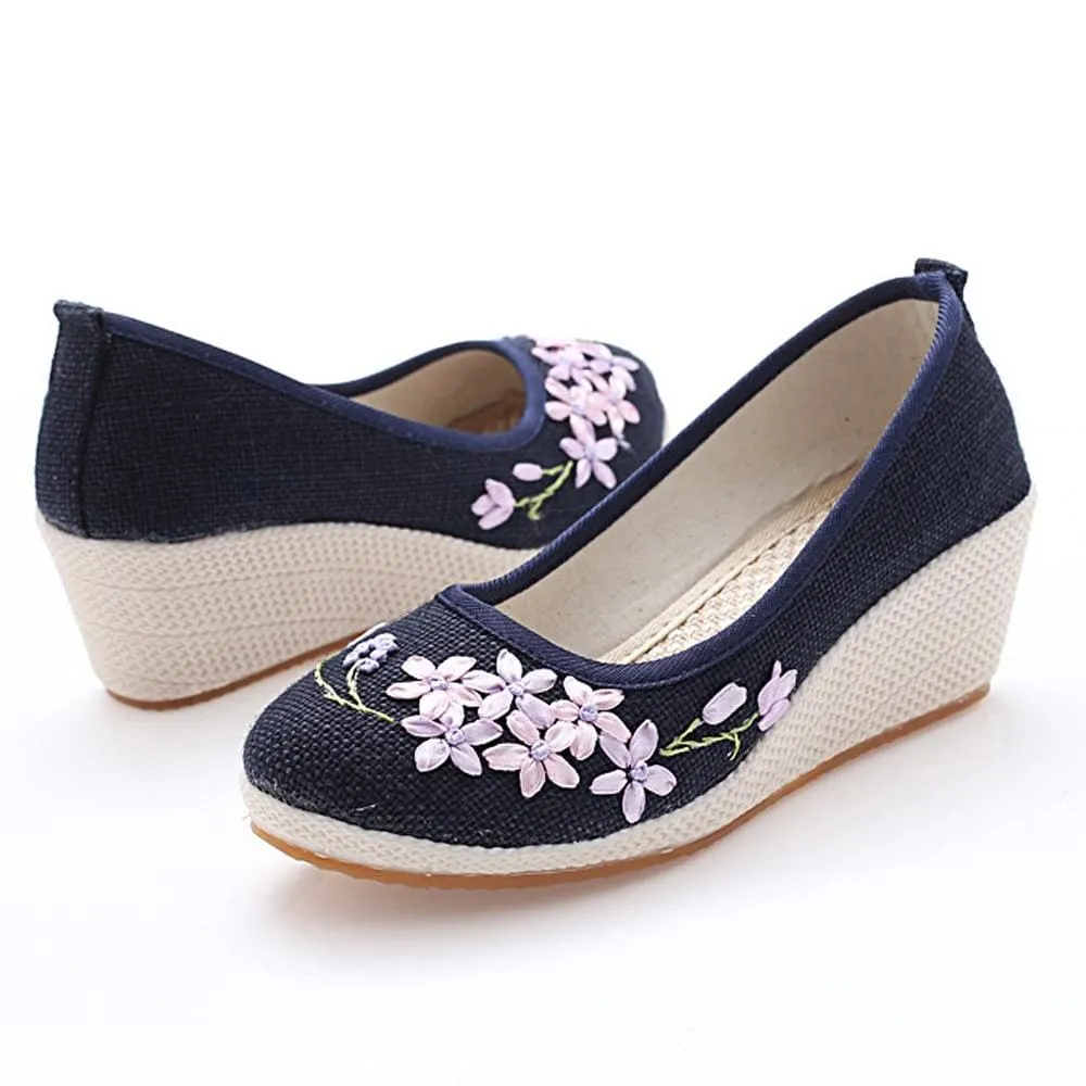 Retro Floral Embroidery Cloth Canvas Wedges Vintage Women Pumps Linen Shoes