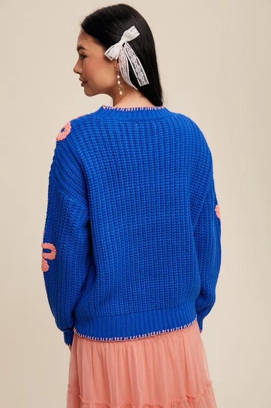 Ribbed Chunky Flower Sweater - Blue