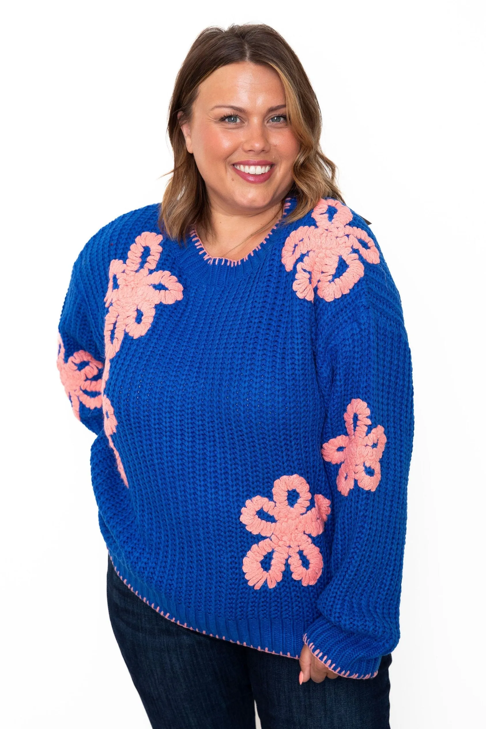 Ribbed Chunky Flower Sweater - Blue