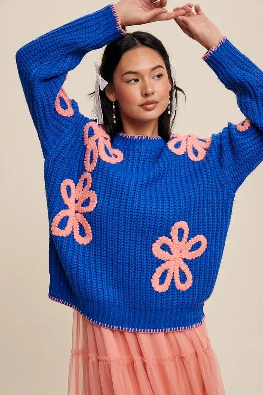 Ribbed Chunky Flower Sweater - Blue