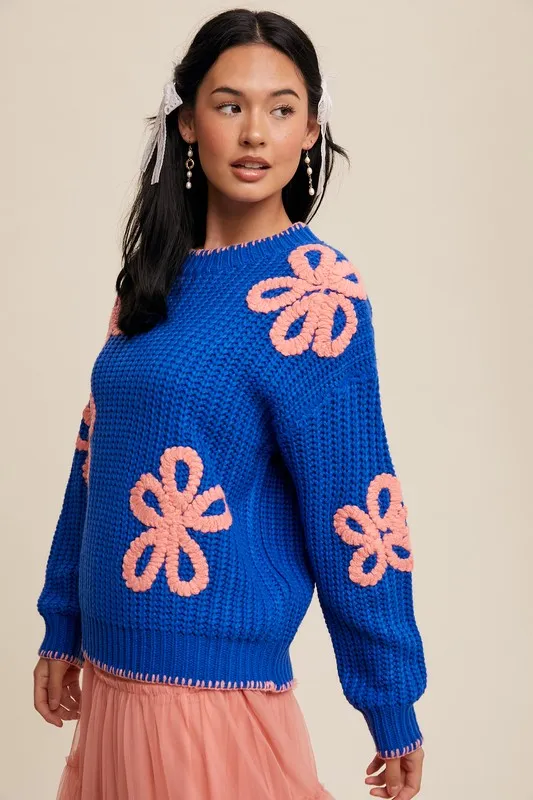 Ribbed Chunky Flower Sweater - Blue