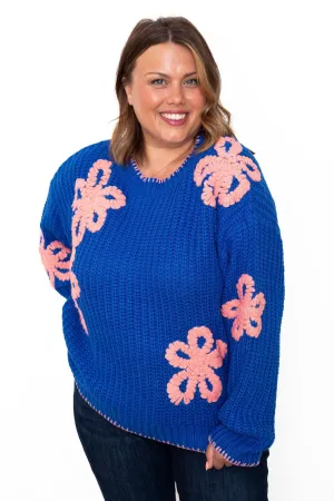 Ribbed Chunky Flower Sweater - Blue