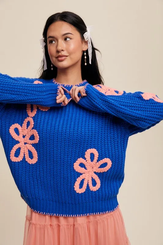 Ribbed Chunky Flower Sweater - Blue