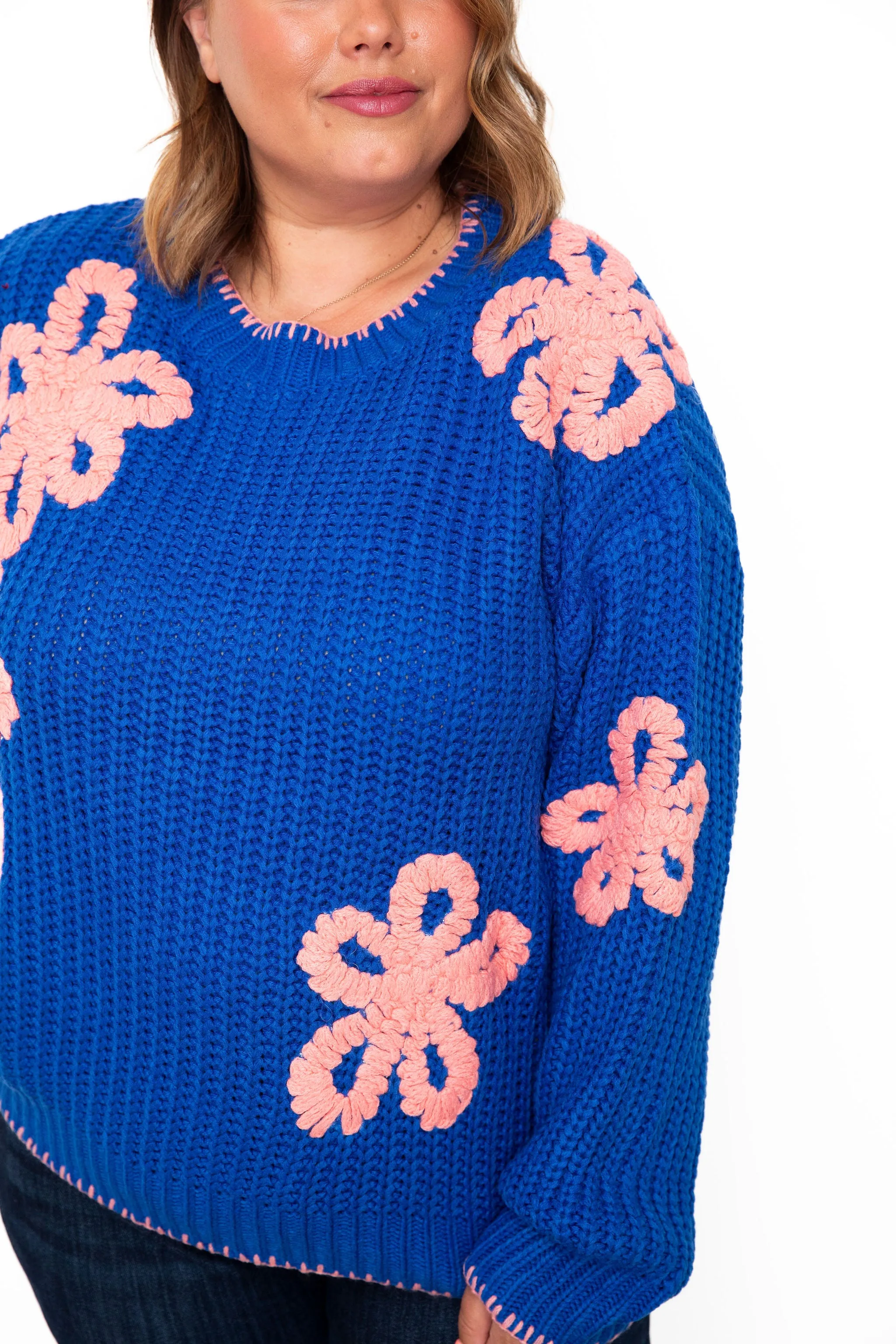 Ribbed Chunky Flower Sweater - Blue