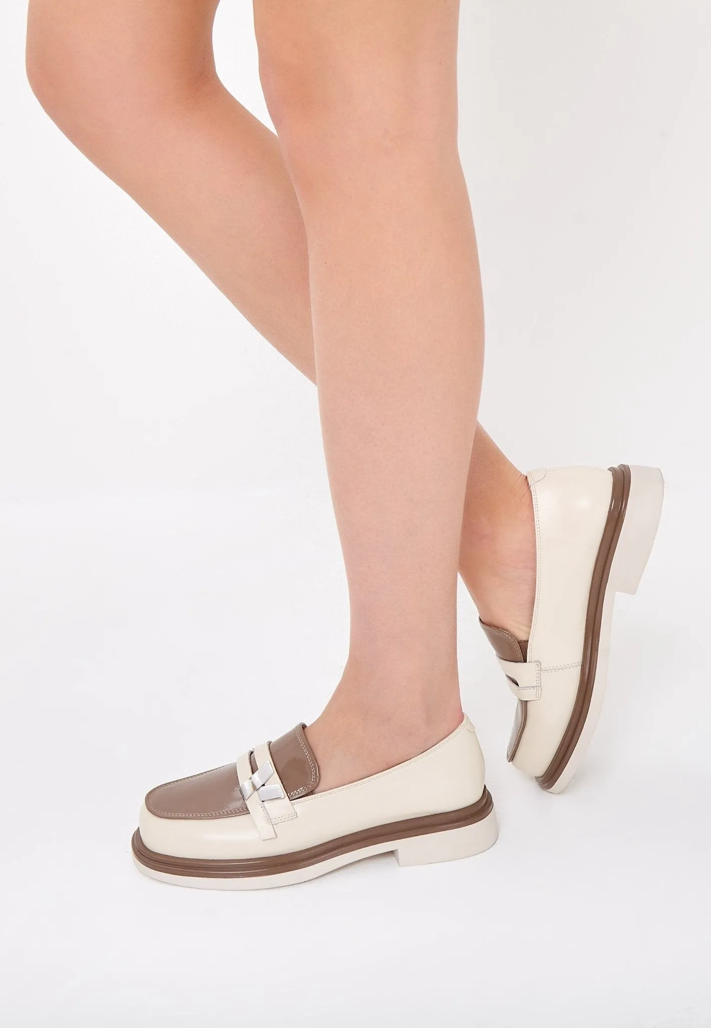 Round Tip Block Heel Loafers - Beige