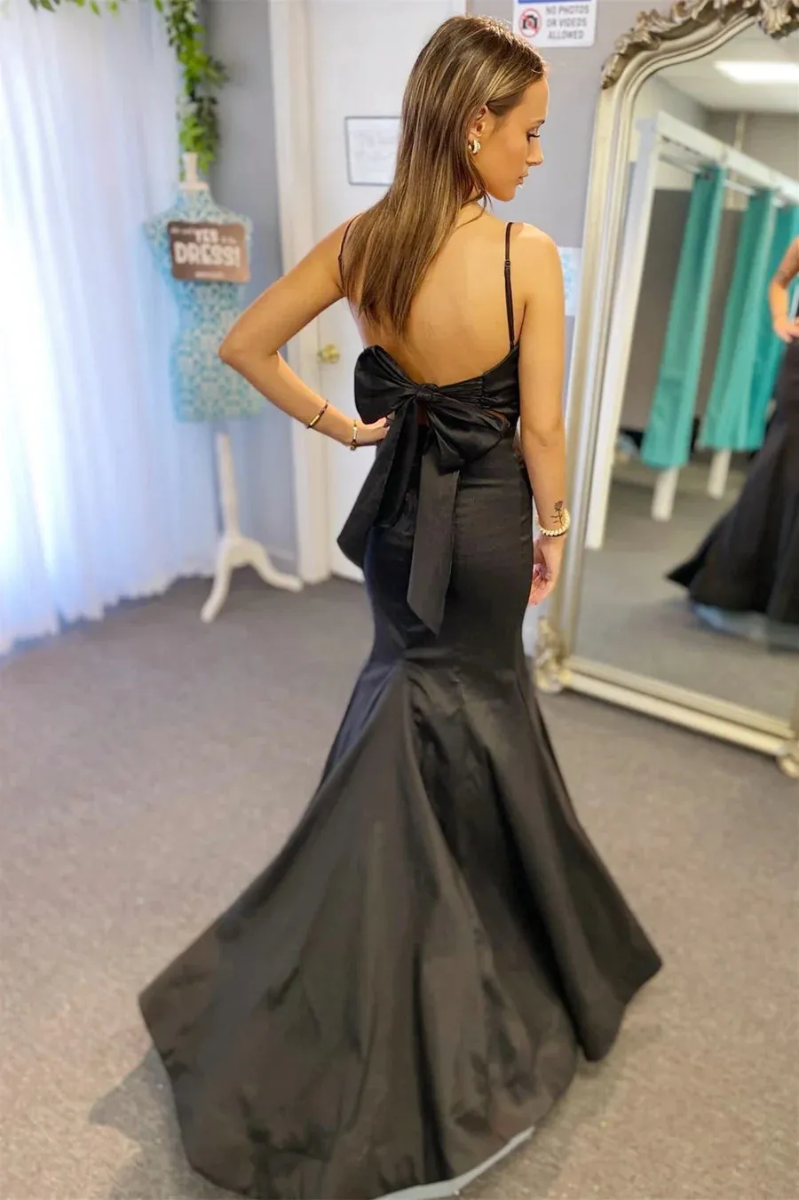 Satin Surplice Pleated Straps Black Long Prom Dress with Bow PSK437