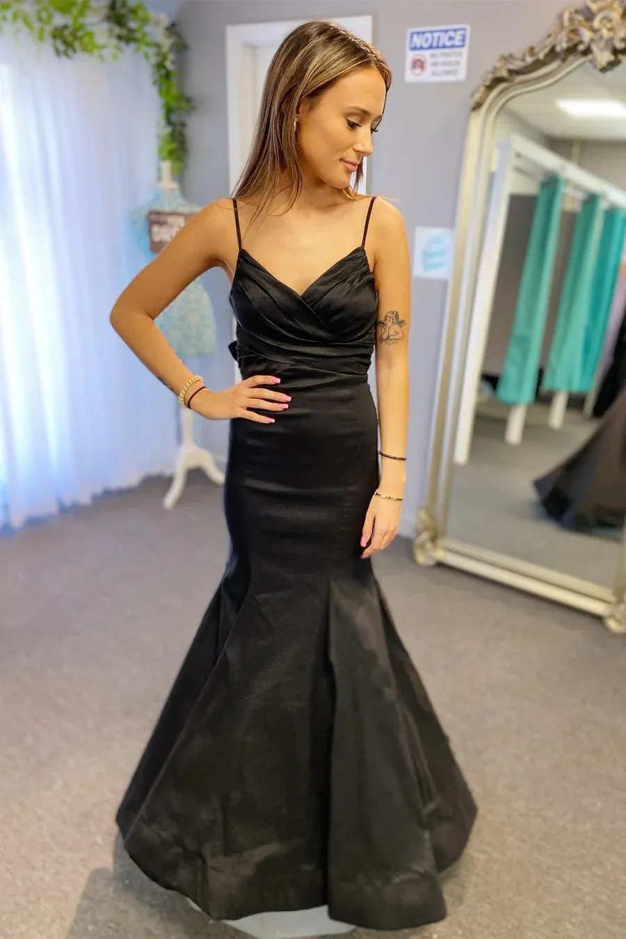 Satin Surplice Pleated Straps Black Long Prom Dress with Bow PSK437