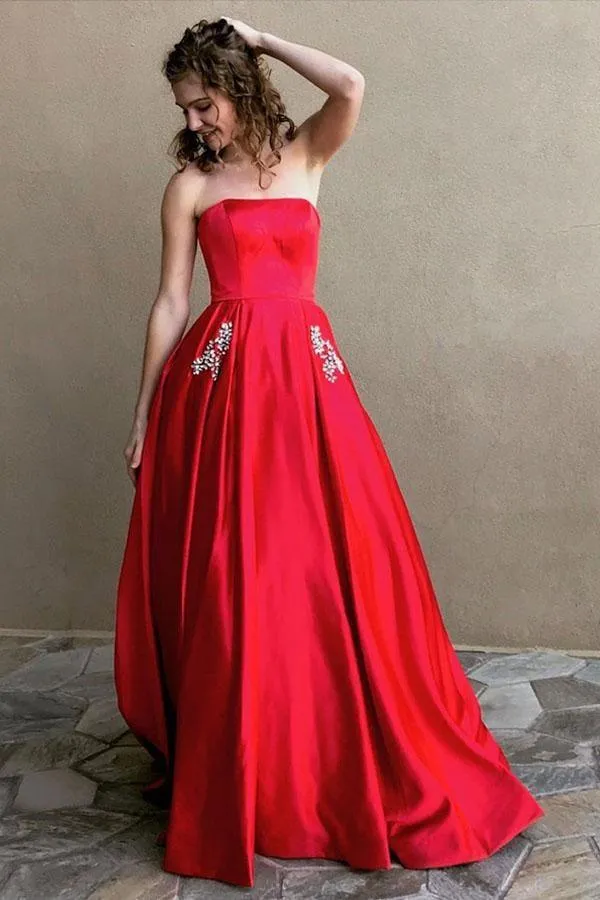 Simple A-line Strapless Long Prom Dresses Evening Dresses With Pocket PG523