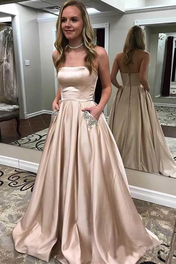 Simple A-line Strapless Long Prom Dresses Evening Dresses With Pocket PG523