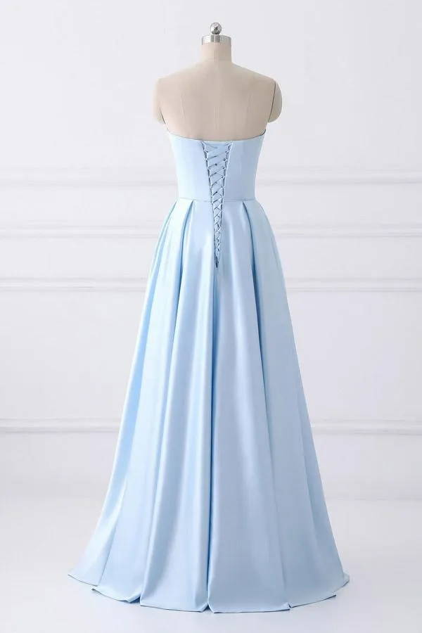 Simple A-line Strapless Long Prom Dresses Evening Dresses With Pocket PG523