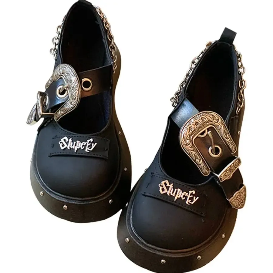 Sohiwoo Japanese Retro College Style Sweet Girls Shoes Kawaii Round Toe Thick Bottom  Shallow  Mouth  Metal  Letter  Badge PU Shoes