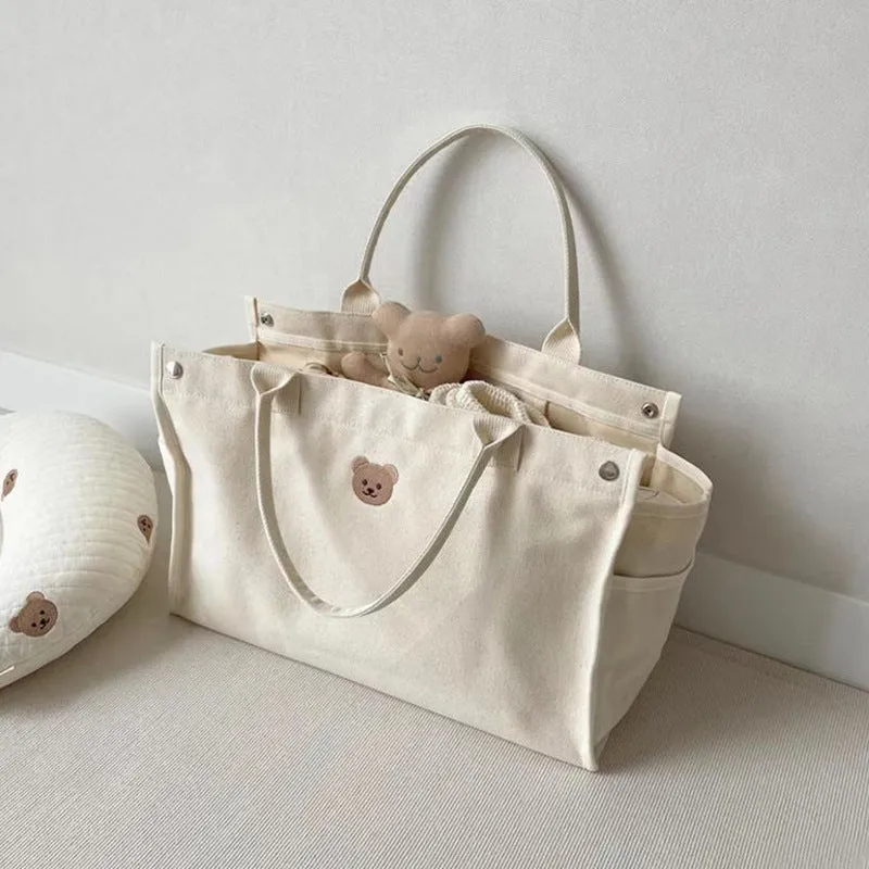 South Korea  Casual Simple All-Match Bear Embroidery Mummy Bag Baby Mom Canvas Bag Mother and Baby Handbag Cross-Border Bag