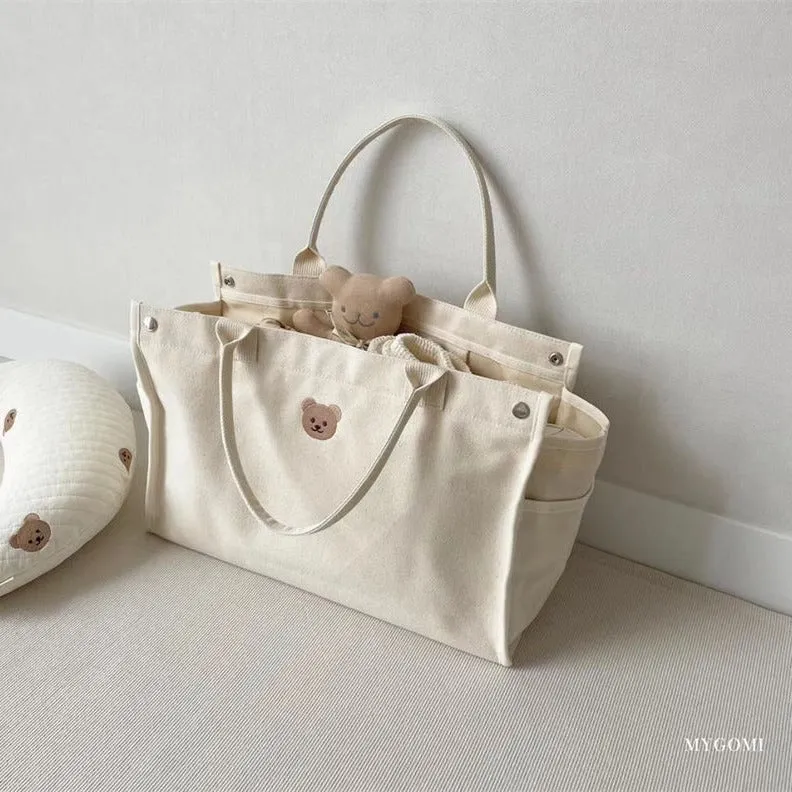 South Korea  Casual Simple All-Match Bear Embroidery Mummy Bag Baby Mom Canvas Bag Mother and Baby Handbag Cross-Border Bag