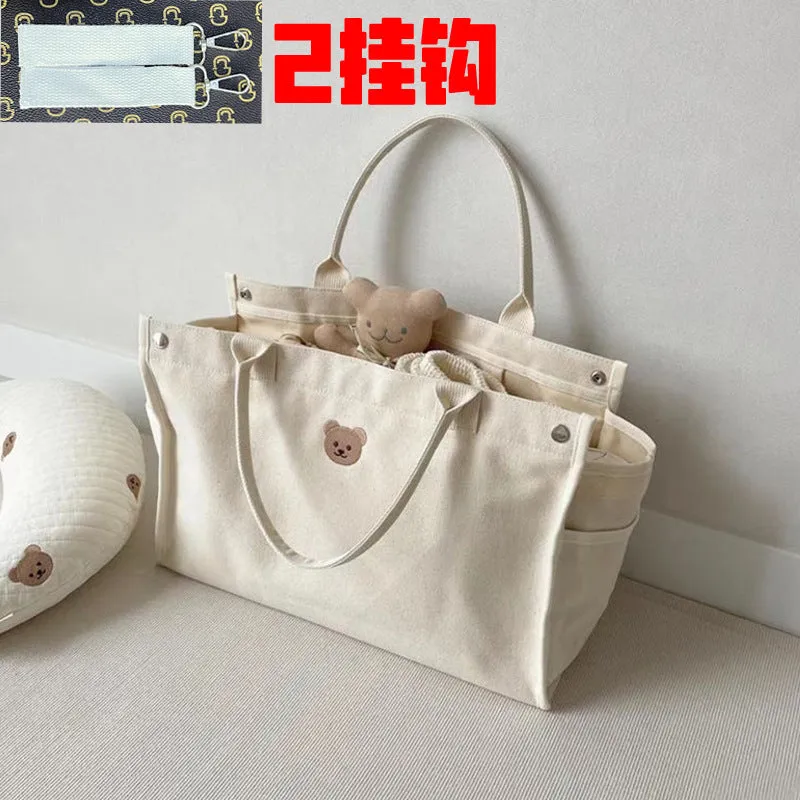 South Korea  Casual Simple All-Match Bear Embroidery Mummy Bag Baby Mom Canvas Bag Mother and Baby Handbag Cross-Border Bag