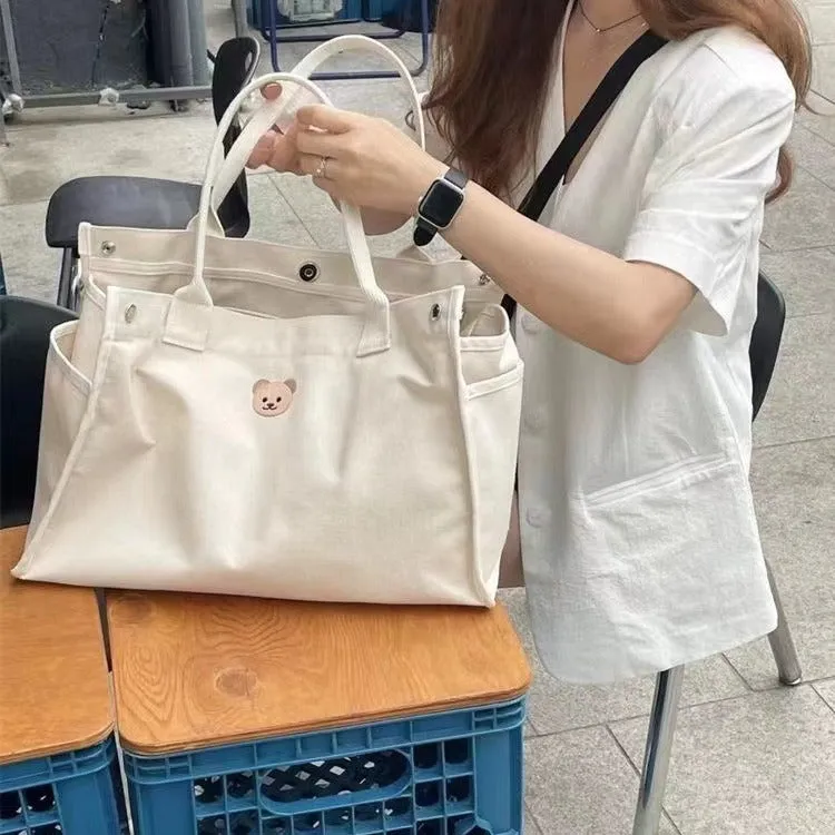 South Korea  Casual Simple All-Match Bear Embroidery Mummy Bag Baby Mom Canvas Bag Mother and Baby Handbag Cross-Border Bag