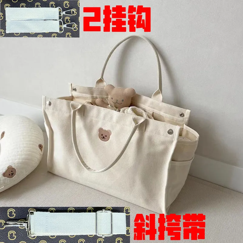 South Korea  Casual Simple All-Match Bear Embroidery Mummy Bag Baby Mom Canvas Bag Mother and Baby Handbag Cross-Border Bag