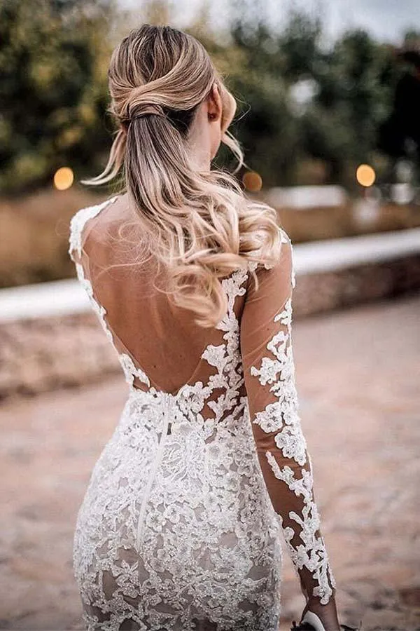 Stunning Lace Appliques See Though Mermaid Rustic Wedding with Sleeves  WD447