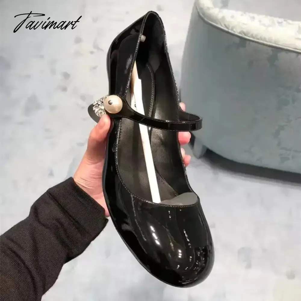 Tavimart New retro Mary Jane shoes rhinestone round toe French high heels women's bridesmaid shoes wine glass heel women's shoes