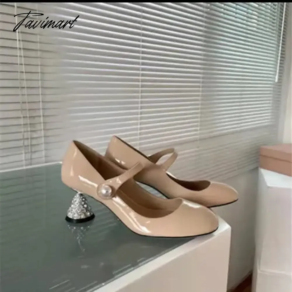 Tavimart New retro Mary Jane shoes rhinestone round toe French high heels women's bridesmaid shoes wine glass heel women's shoes