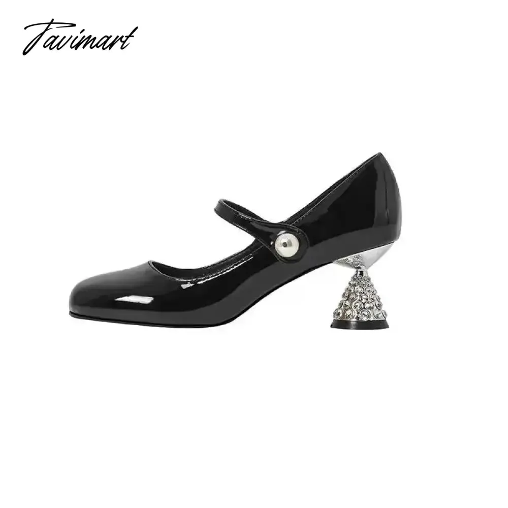 Tavimart New retro Mary Jane shoes rhinestone round toe French high heels women's bridesmaid shoes wine glass heel women's shoes