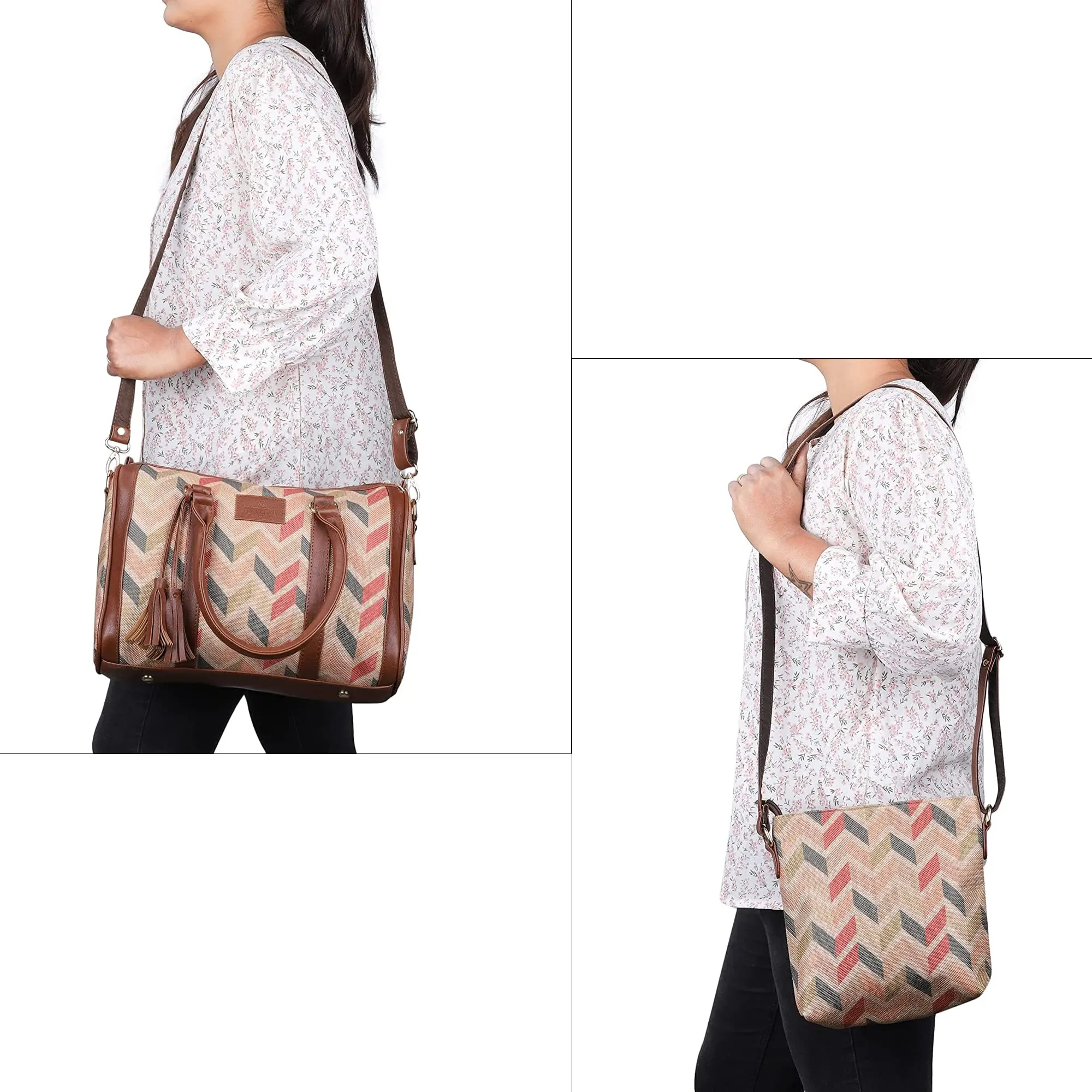 The Clownfish Combo of Lorna Printed Handicraft Fabric Handbag and Aahna Polyester Crossbody Sling bag for Women (Cream)