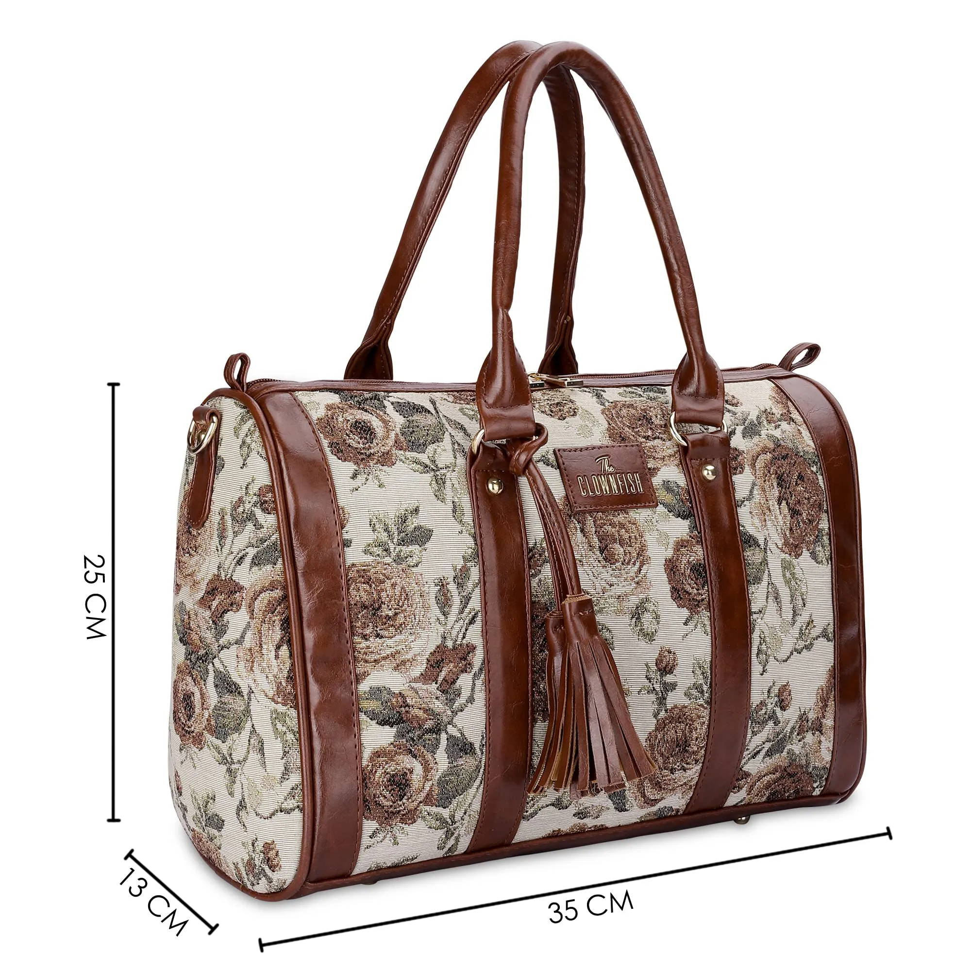 THE CLOWNFISH Lorna Tapestry Fabric & Faux Leather Handbag Sling Bag for Women Office Bag Ladies Shoulder Bag Tote For Women College Girls (Brown-Floral)