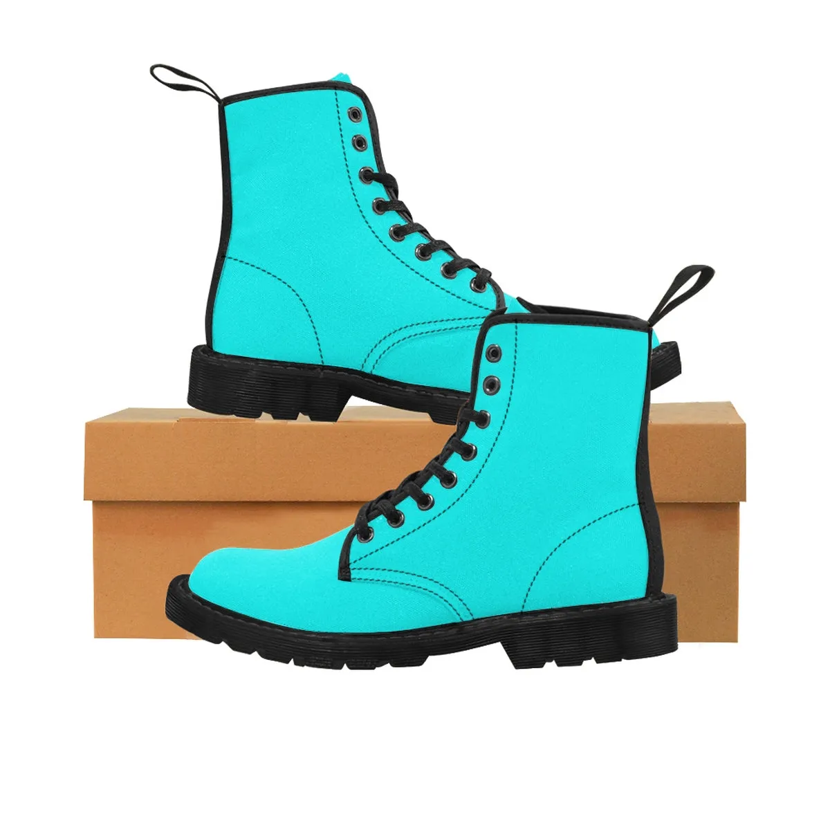 Turquoise Blue Men's Boots, Solid Color Canvas Winter Laced Up Boots Bestselling Shoes For Men