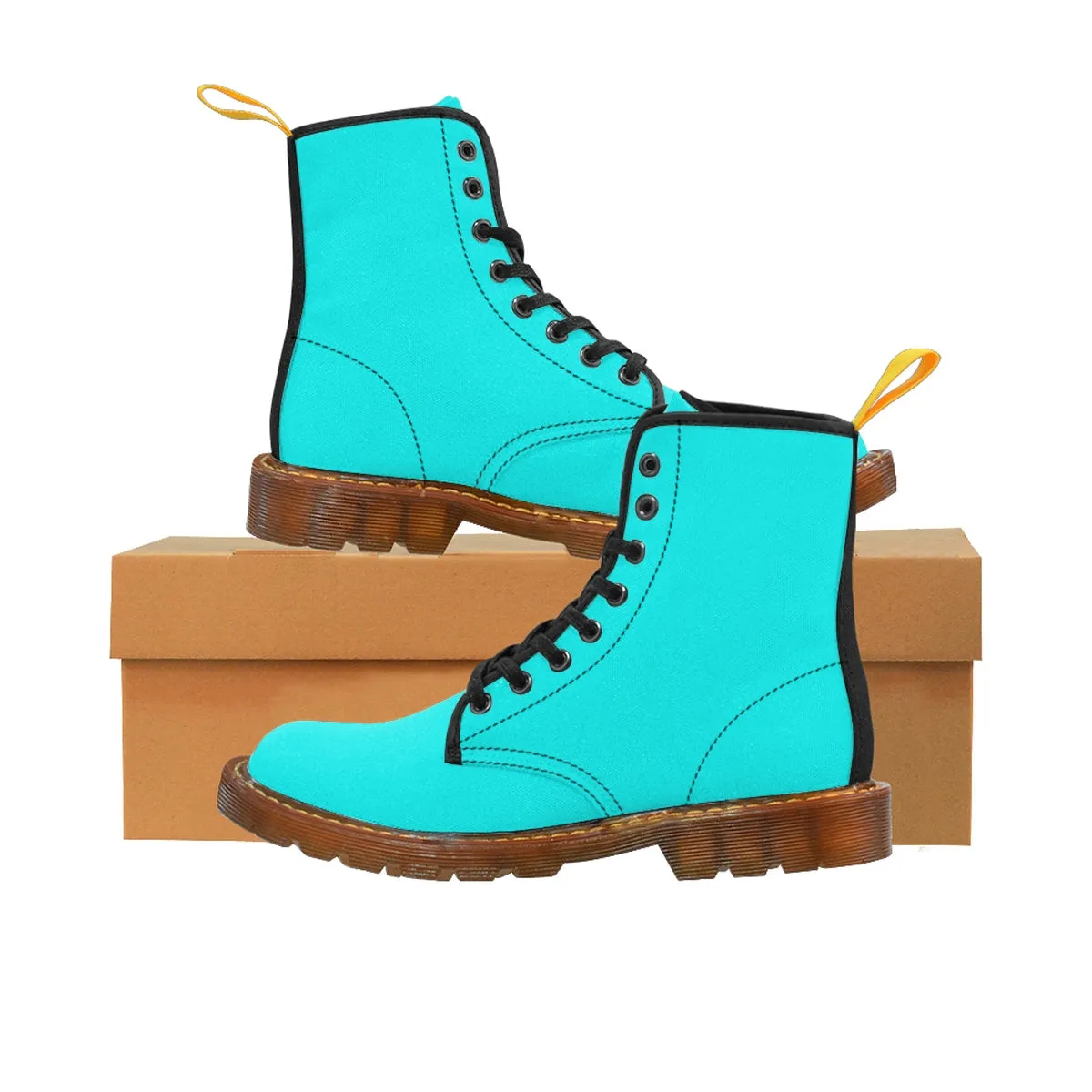 Turquoise Blue Men's Boots, Solid Color Canvas Winter Laced Up Boots Bestselling Shoes For Men