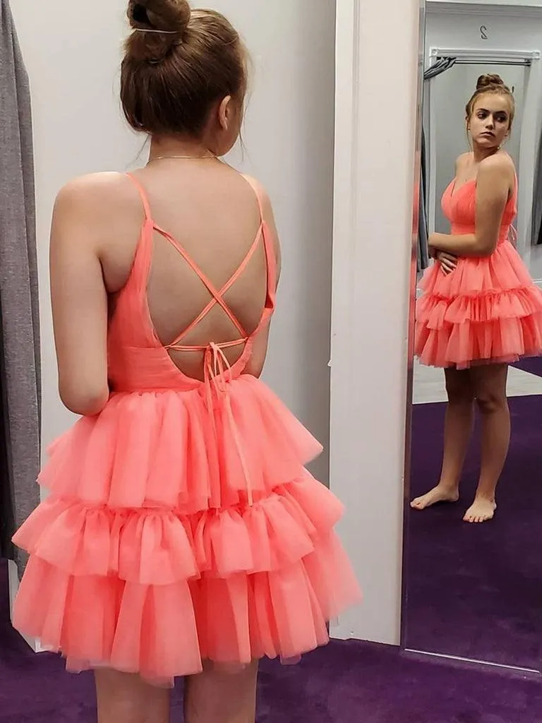 V Neck  Layered Coral Short Prom Dresses Homecoming Dresses PD446