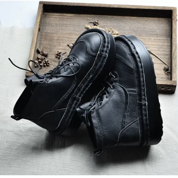 Women Leather Big Round Head Platform Casual Lace-up Boots