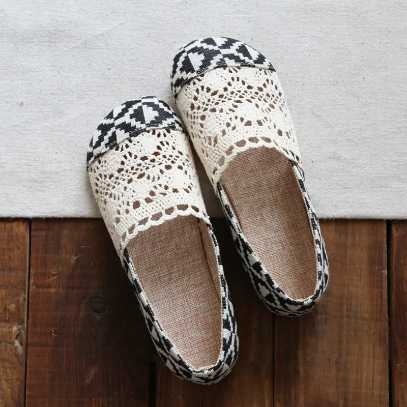 Women Retro Hollow Mesh Comfort Canvas Flats