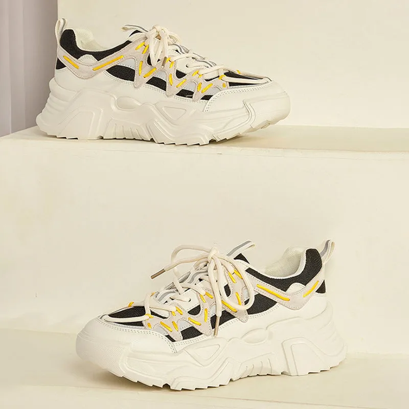 Women's Genuine Leather Chunky Sneakers in Black/White