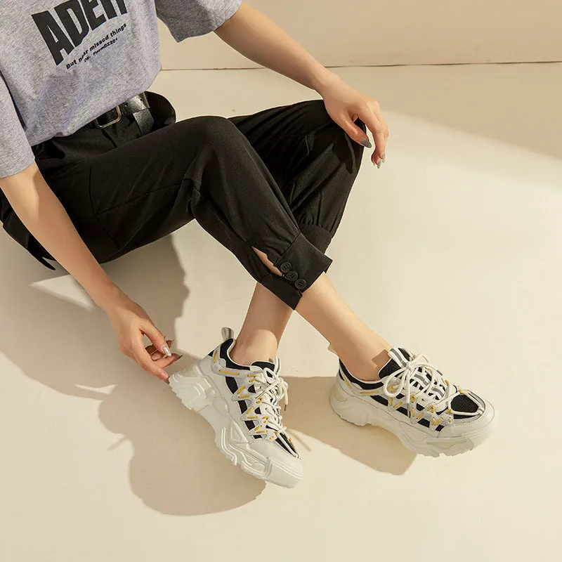 Women's Genuine Leather Chunky Sneakers in Black/White