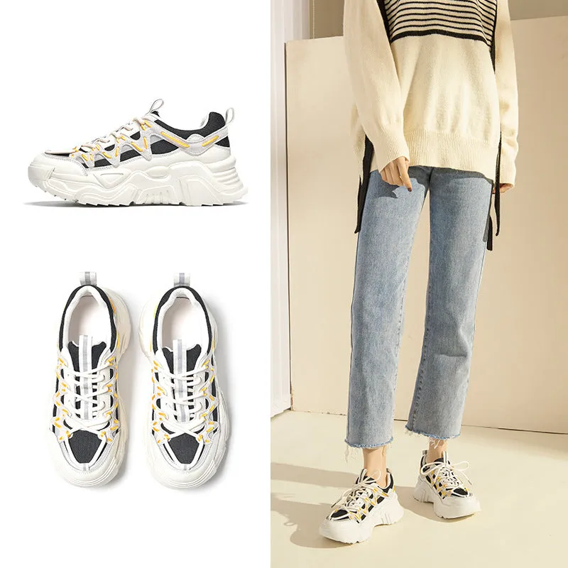 Women's Genuine Leather Chunky Sneakers in Black/White