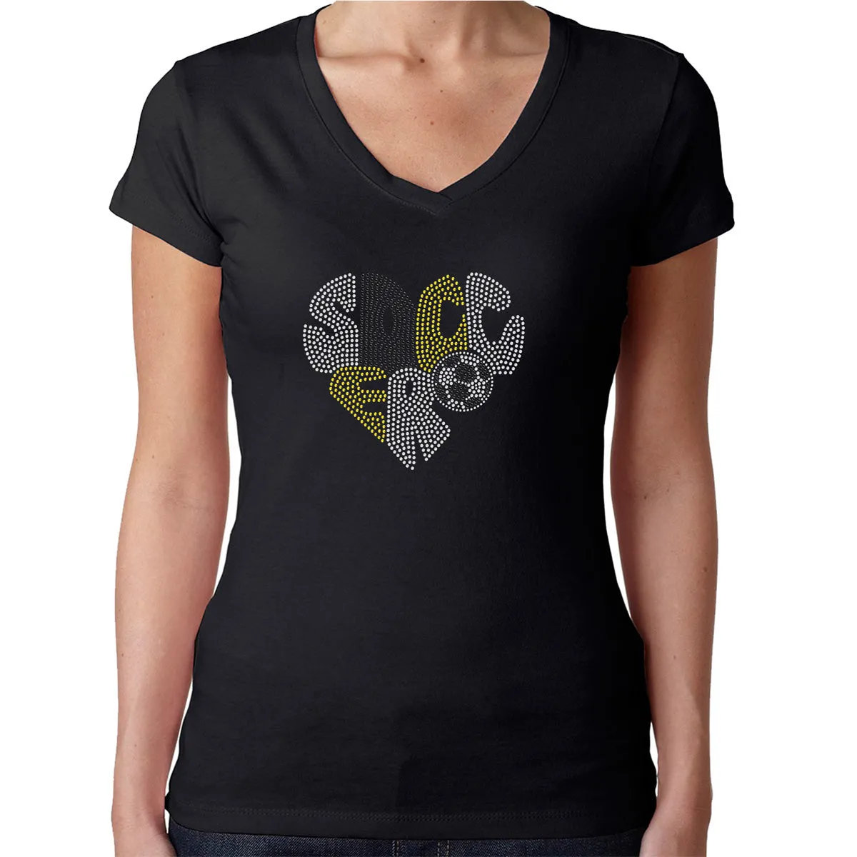 Womens T-Shirt Rhinestone Bling Black Fitted Tee Soccer Heart Shape Ball