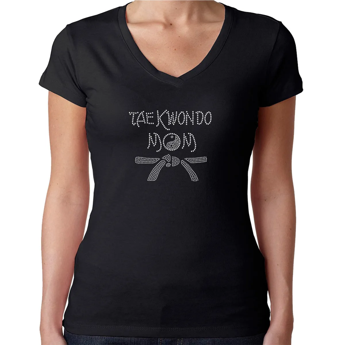 Womens T-Shirt Rhinestone Bling Black Fitted Tee Taekwondo Mom