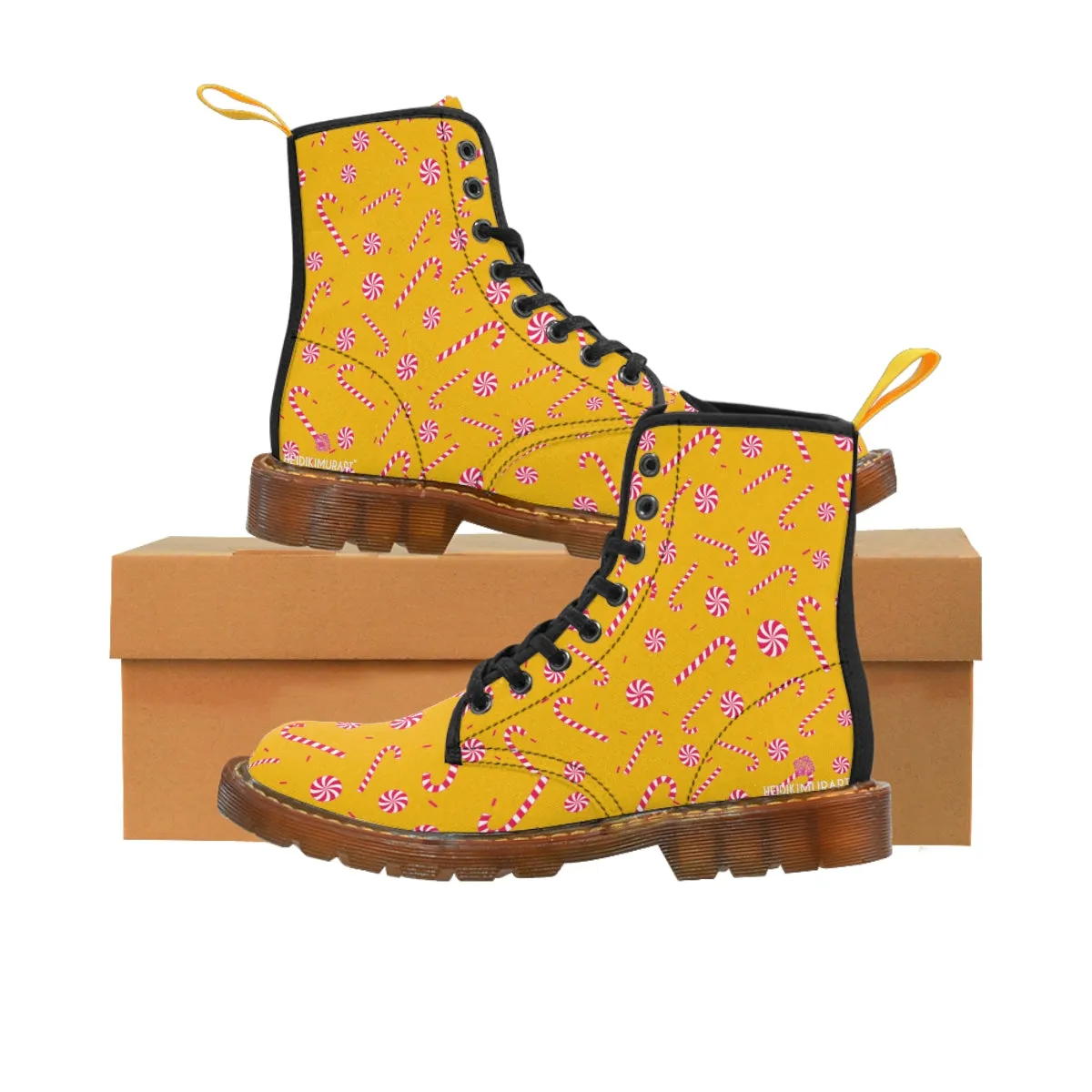 Yellow Christmas Women's Canvas Boots, Red Candy Cane Print Winter Boots For Women